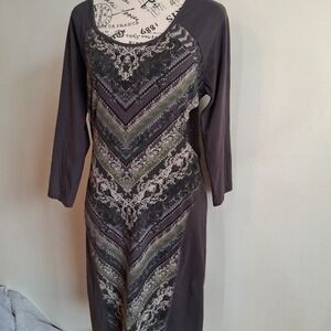 Boho Chevron Damask Mixed Media Dress Gray Green Mesh Side Panels Long Sleeve